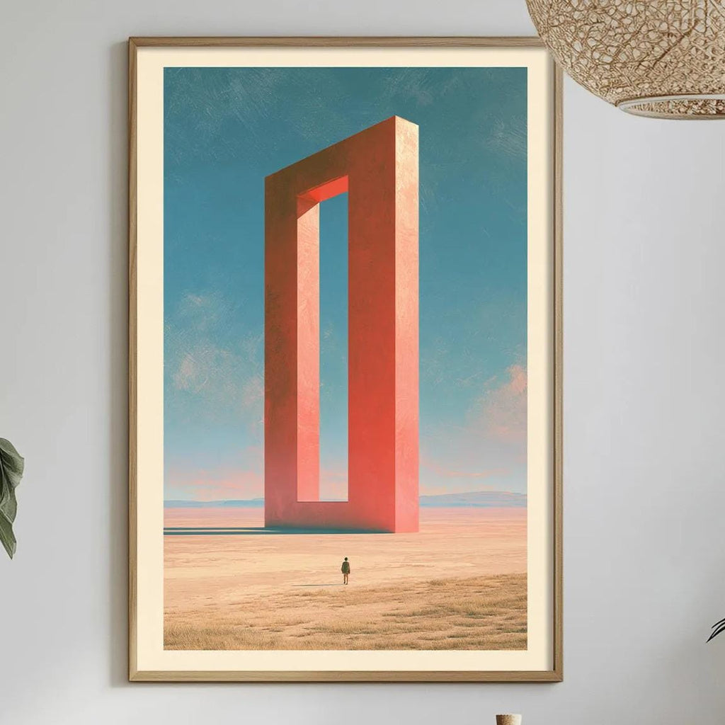 a dining table with a white tablecloth, a bottle, a bowl, and a vase with flowers. Above the table, there is a framed painting depicting a person standing in front of a large, red, rectangular structure against a desert landscape.