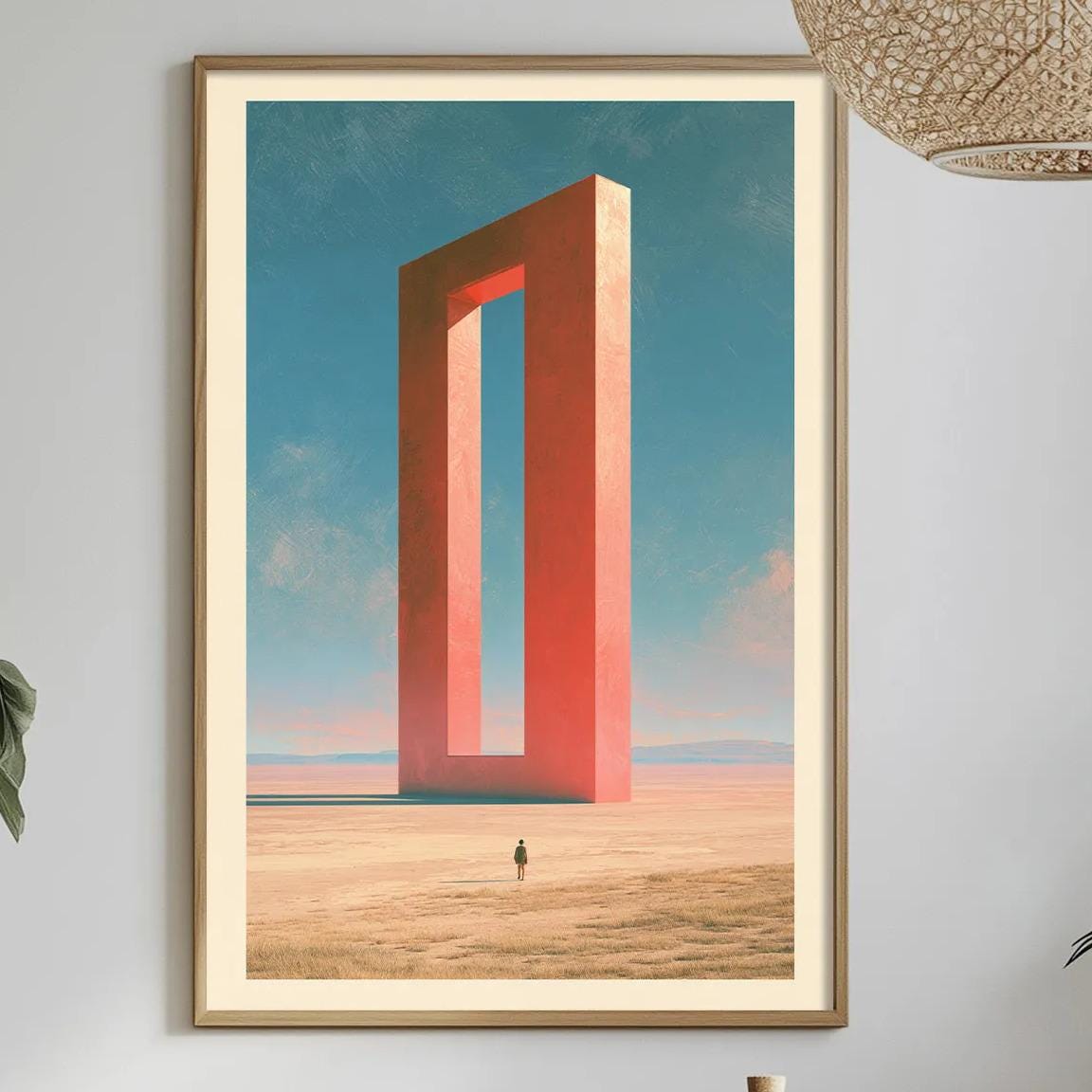 a dining table with a white tablecloth, a bottle, a bowl, and a vase with flowers. Above the table, there is a framed painting depicting a person standing in front of a large, red, rectangular structure against a desert landscape.