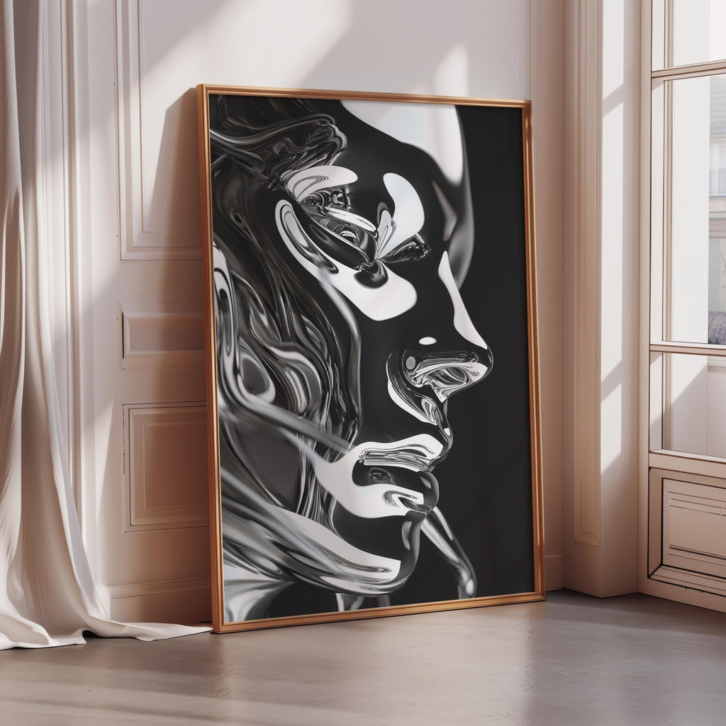 a large black and white portrait of a woman's face, displayed in a gold frame on a wooden floor.