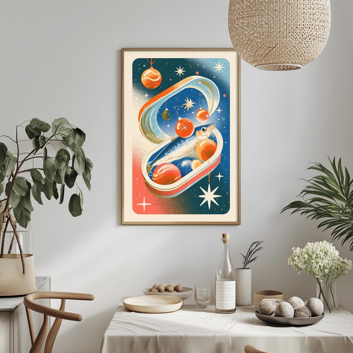 a vibrant and whimsical artwork hanging on a wall, depicting a fish encased in an open shell with a starry background. The artwork is surrounded by various decorative elements, including potted plants, vases, and bowls, creating a cozy and inviting atmosphere.