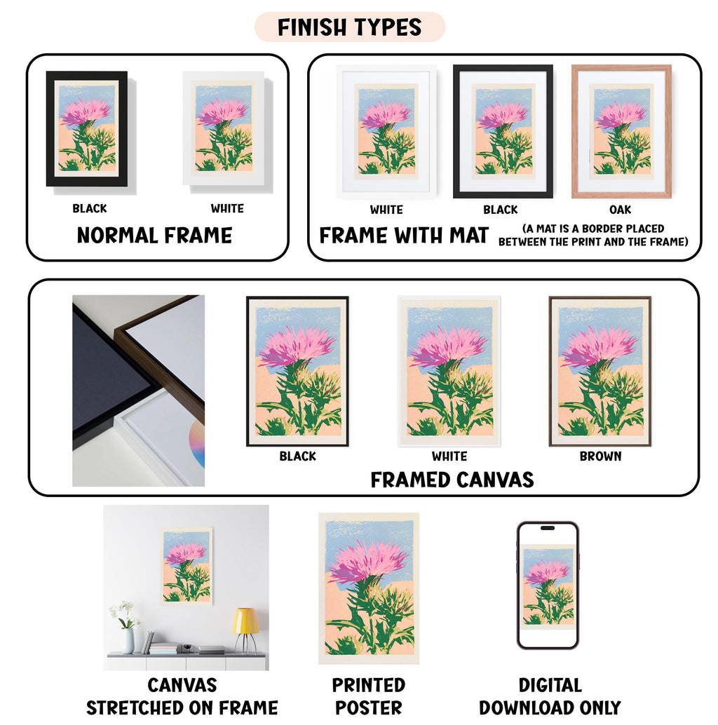 various finish types for framed artwork, including canvas, stretched on frame, framed canvas, printed poster, and digital download only.