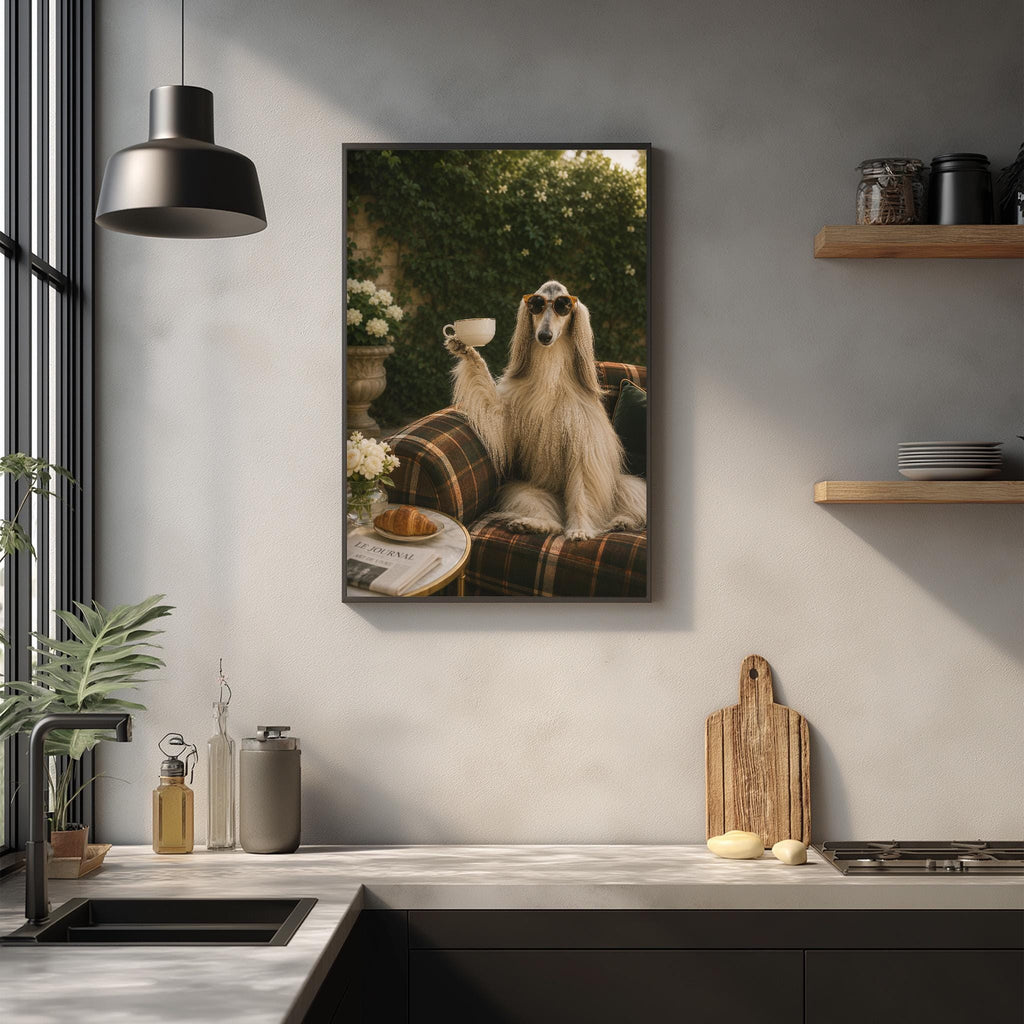 a large framed picture of a dog sitting on a plaid couch, holding a cup in its paws, with a potted plant and other decorative items in the background.