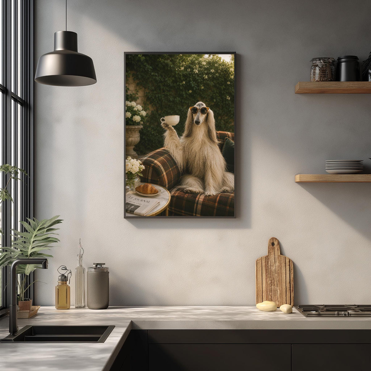 a large framed picture of a dog sitting on a plaid couch, holding a cup in its paws, with a potted plant and other decorative items in the background.