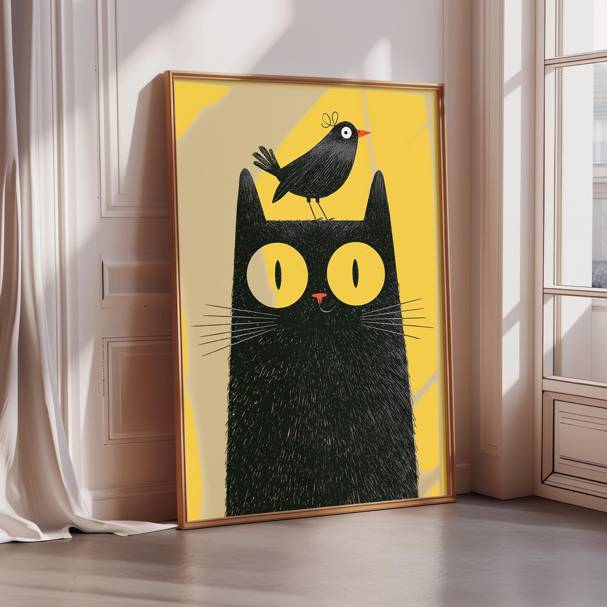 A framed illustration of a black cat with a small black bird perched on its head.