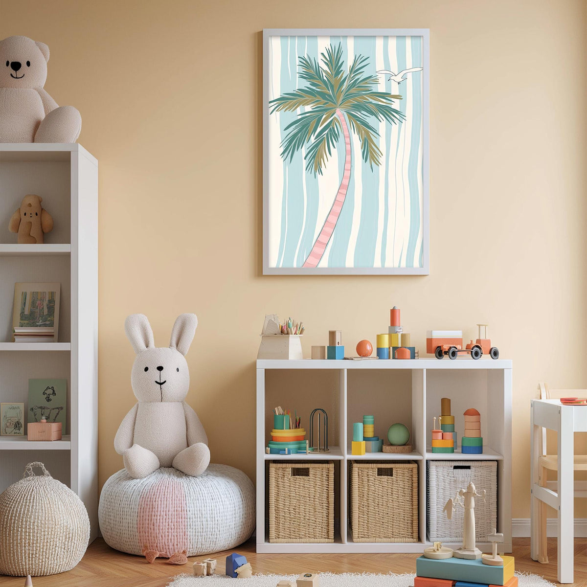 A cozy and colorful children's bedroom with a large stuffed rabbit, a bookshelf, and a toy chest filled with toys. The walls are painted a light peach color, and there is a framed picture of a palm tree hanging above the bed.