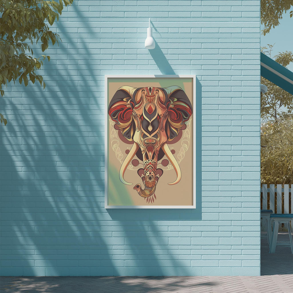 a large, colorful painting of an elephant hanging on a blue wall.