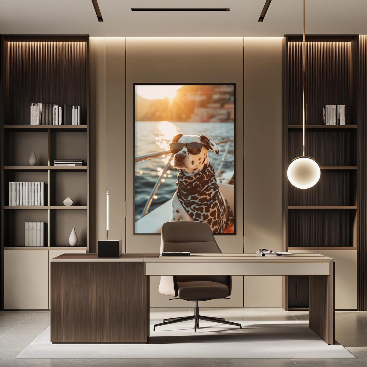 a modern office space with a large framed picture of a dog wearing sunglasses, sitting on a boat in the background. The dog appears to be wearing a scarf, adding a unique touch to the scene. The office has a sleek and contemporary design, with a desk, chair, and shelving units. The overall atmosphere of the image is bright and inviting, with the dog's presence adding a playful and creative element to the space.