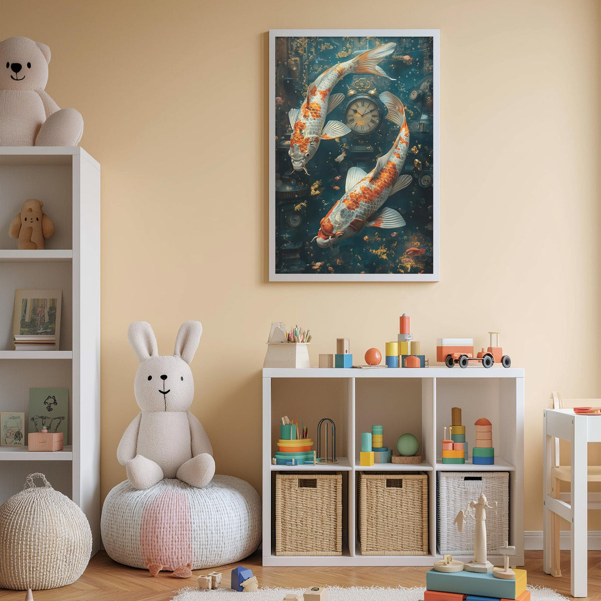 A child's bedroom with a large fish painting on the wall, a white bookshelf filled with toys, and a stuffed rabbit sitting on a bean bag chair.