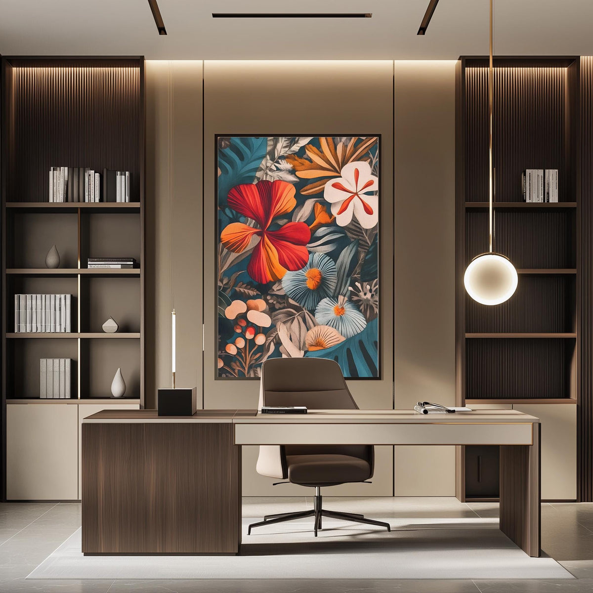a modern and stylish office space with a large, colorful floral painting on the wall behind a desk. The desk is positioned in front of the painting, creating a focal point in the room. The office also features built-in bookshelves and a pendant light, contributing to the overall contemporary design.