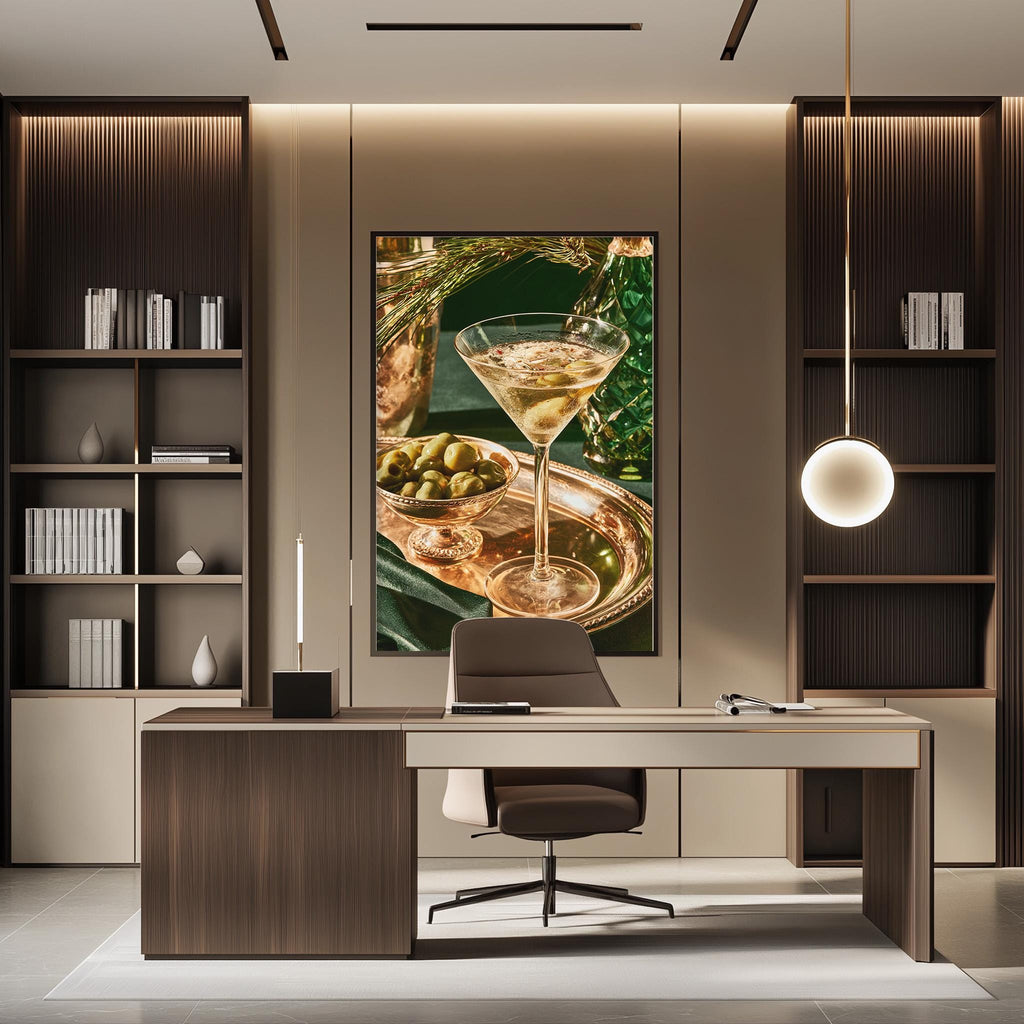 a modern office space with a large framed artwork of a martini glass and a plate of olives on the wall. The office features a wooden desk, a chair, and a bookshelf filled with books.