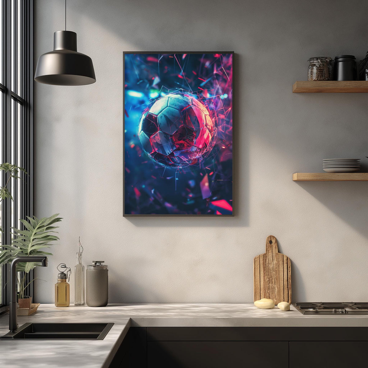 a kitchen counter with various items, including a potted plant, a cutting board, and a bottle. Above the counter, there is a framed artwork depicting a soccer ball in a colorful, abstract design.