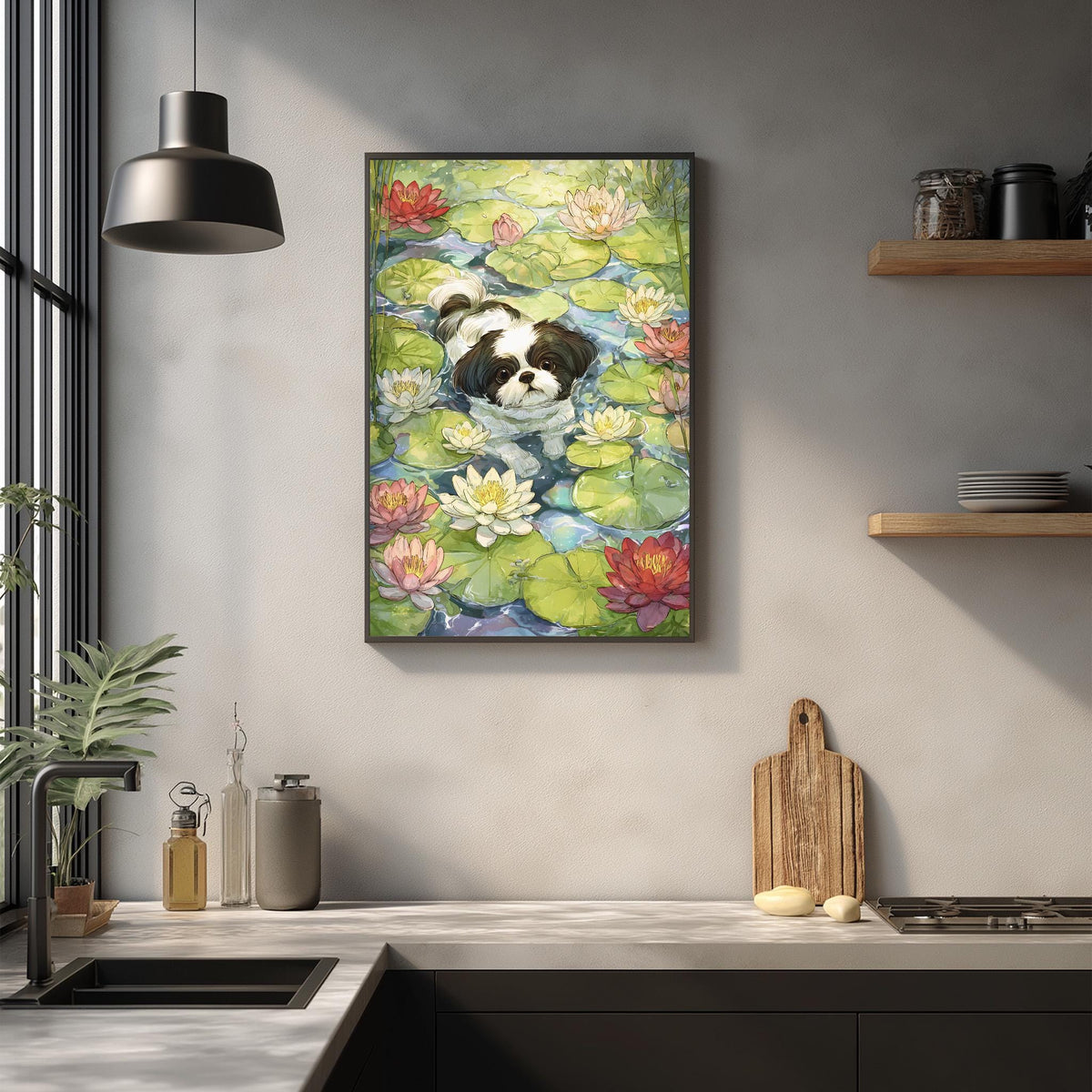 a framed painting of a Shih Tzu dog swimming in a pond filled with lily pads, surrounded by colorful flowers. The painting is hung on a wall above a kitchen counter with various kitchen items such as a cutting board, a bottle, and a bowl.