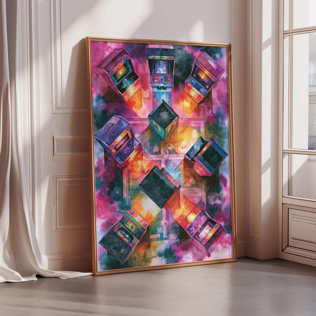 a vibrant, colorful painting of arcade cabinets arranged in a circular pattern on a wall.