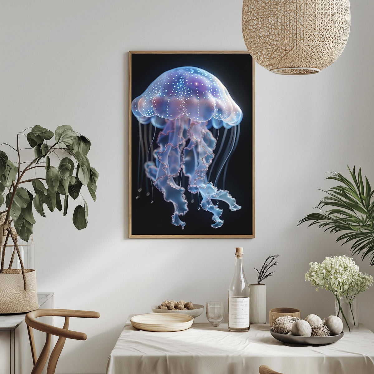 a framed photograph of a jellyfish with a blue and purple color scheme, hanging on a wall above a dining table with various decorative items and plants.