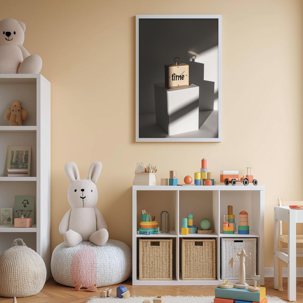 A cozy and colorful children's playroom with a white bookshelf, a plush rabbit, and various toys and storage containers.