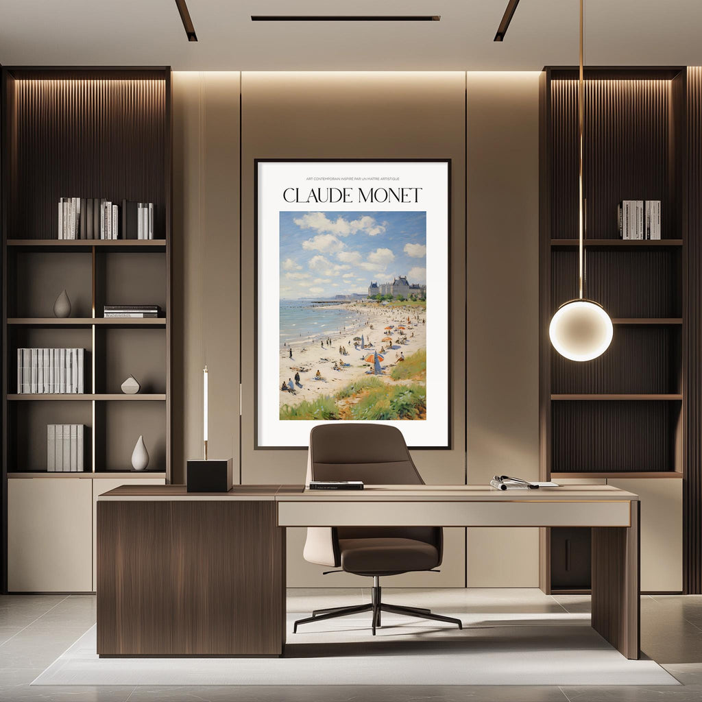 a modern office space with a large framed print of Claude Monet's painting "The Beach at Montmartre" hanging on the wall. The painting depicts a beach scene with people enjoying the day. The office has a wooden desk, a chair, and a bookshelf filled with books and decorative items. The overall design and decor create a stylish and comfortable workspace.
