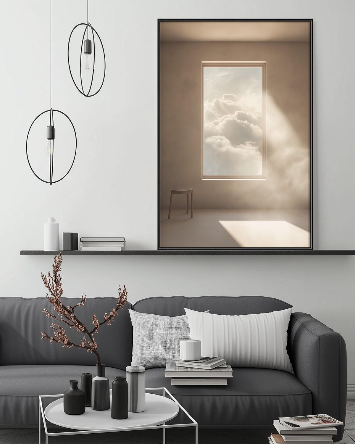 a modern living room with a gray sofa, a coffee table, and a large framed picture of a cloudy sky above it. The room has a minimalist and contemporary design, with a black pendant light hanging above the sofa and a shelf displaying decorative items.