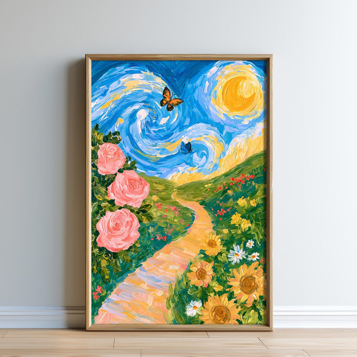 The image is a framed painting depicting a vibrant garden scene with a winding path, pink roses, yellow sunflowers, and a blue sky with a yellow sun.