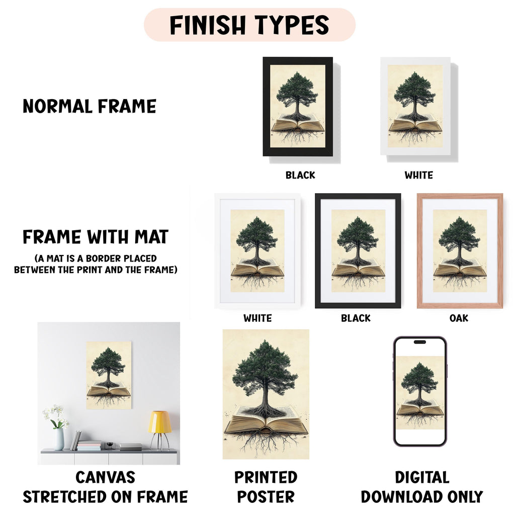 various framed artworks, including a tree with roots, a book, and a smartphone, all displayed in different frame types such as normal frame, black frame, white frame, black frame, and oak frame.