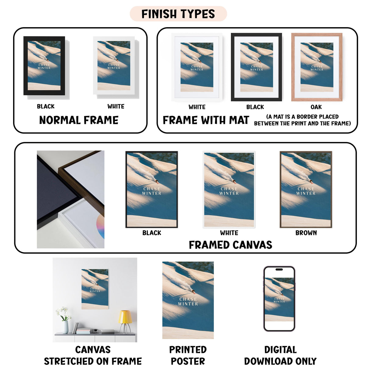 various finish types for canvas prints, including black, white, black, oak, white, framed canvas, stretched on frame, framed canvas, printed poster, and digital download only.