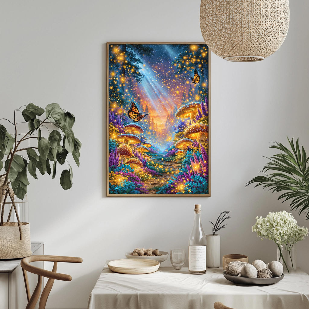 a vibrant and whimsical painting of a fantastical forest scene, with mushrooms glowing in the distance and butterflies fluttering around. The painting is hung on a white wall above a table set with various items, including a bottle, a bowl, and a vase. The overall atmosphere of the scene is one of wonder and magic, with the painting serving as a focal point in the room.