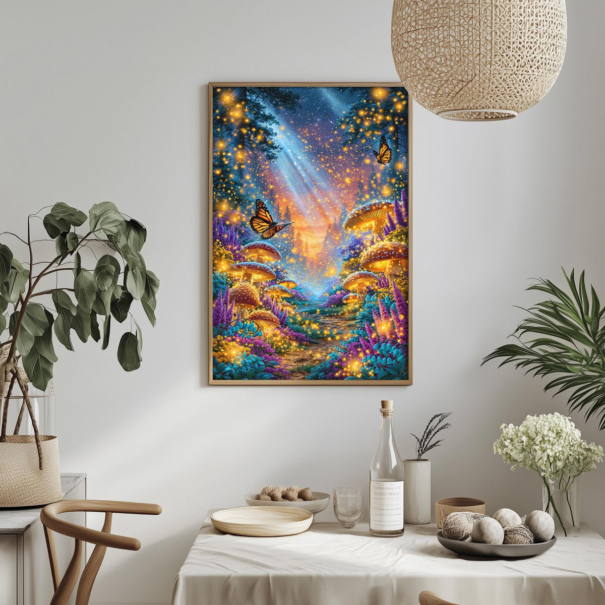 a vibrant and whimsical painting of a fantastical forest scene, with mushrooms glowing in the distance and butterflies fluttering around. The painting is hung on a white wall above a table set with various items, including a bottle, a bowl, and a vase. The overall atmosphere of the scene is one of wonder and magic, with the painting serving as a focal point in the room.