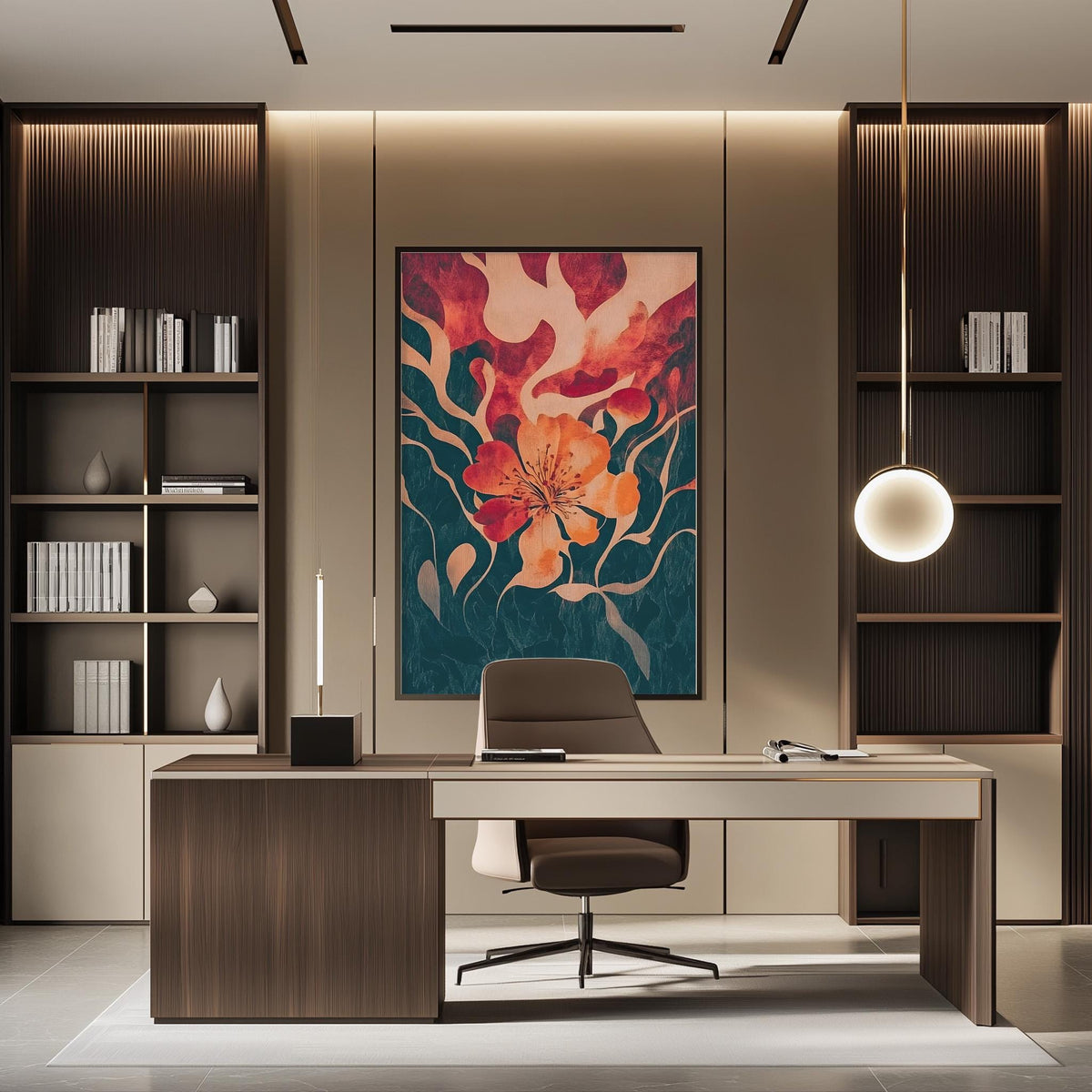 a modern and stylish office space with a large abstract painting on the wall, a wooden desk with a chair, and built-in bookshelves.