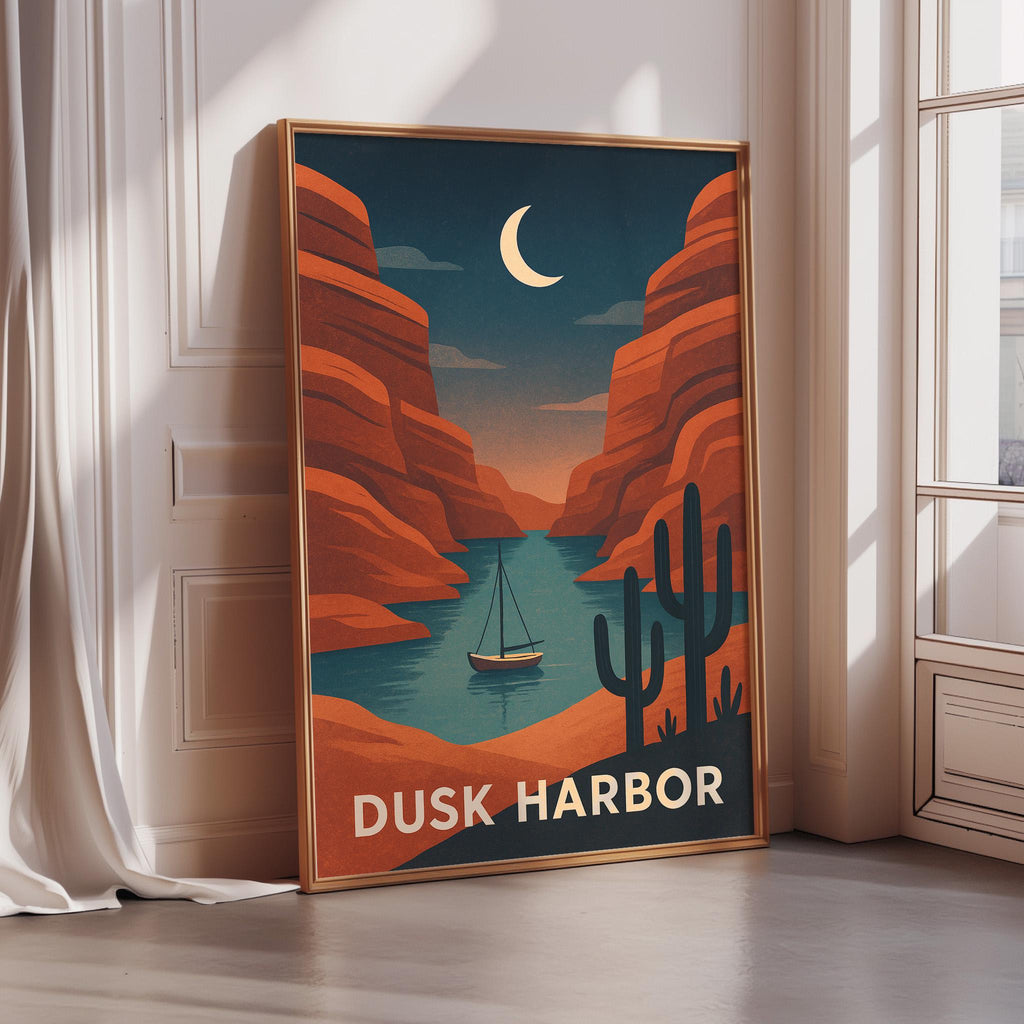 A framed poster depicting a serene desert landscape with a sailboat on a lake, set against a crescent moon and a starry sky.