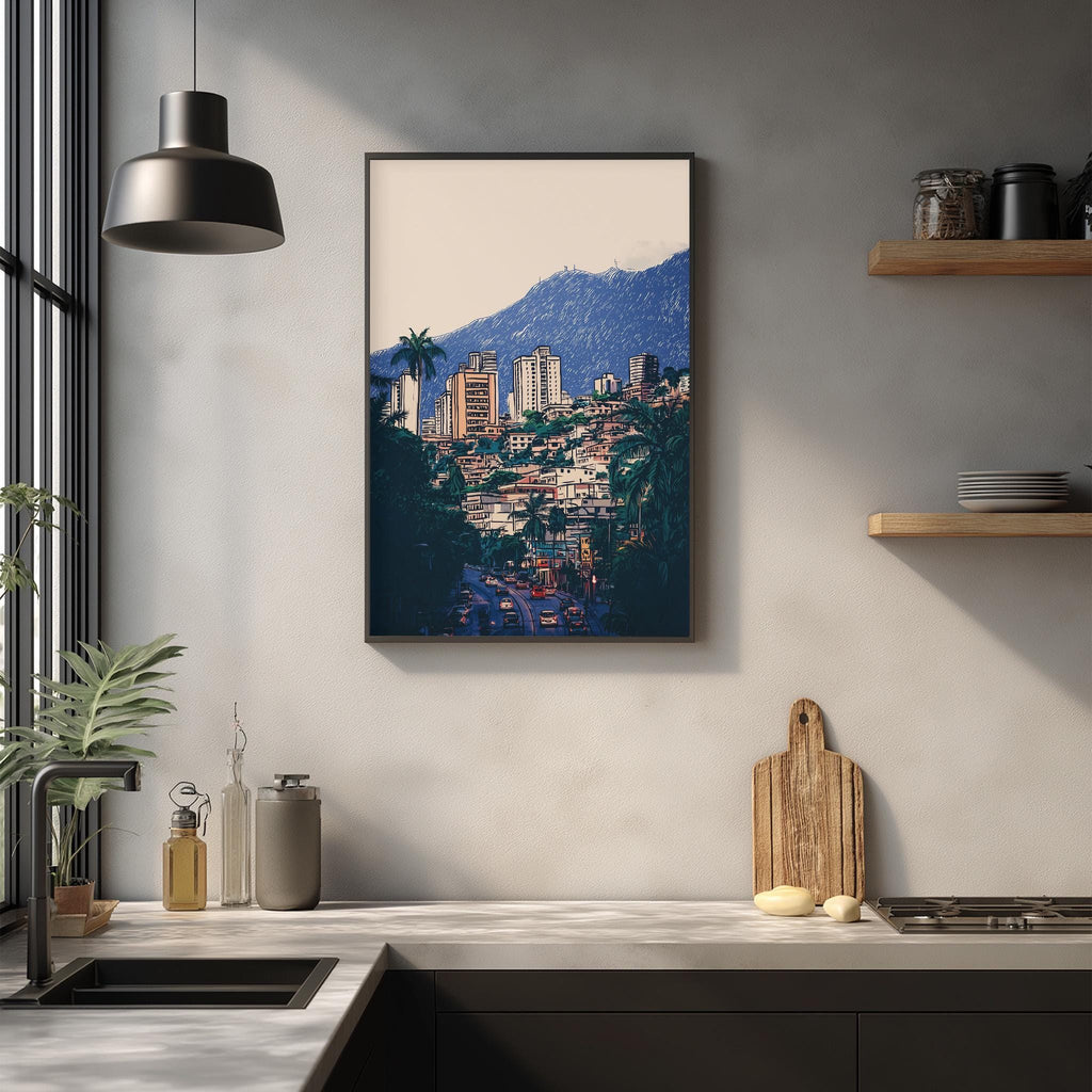 a kitchen counter with various kitchen items, including a cutting board, a bottle, and a vase. Above the counter, there is a framed picture of a cityscape with palm trees and buildings, creating a visually appealing and modern aesthetic.