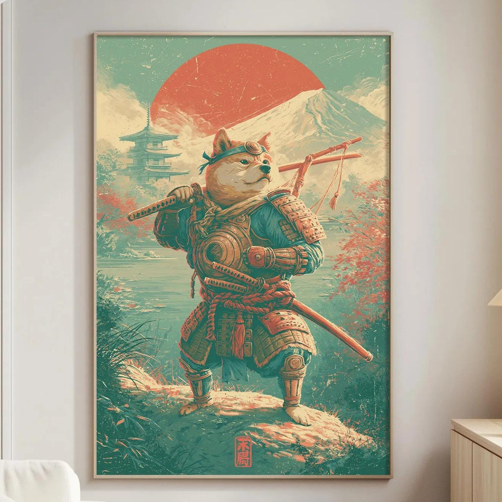 a large, colorful painting of a Shiba Inu dog dressed as a warrior, holding a sword and standing on a rock. The painting is displayed on the wall of a living room, with a white couch and a lamp visible in the background.