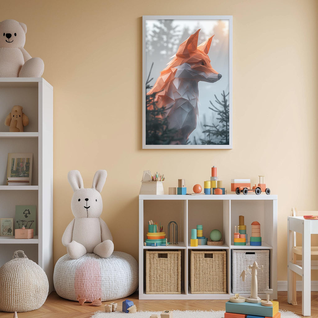 A cozy children's room with a large stuffed rabbit, a cubby filled with toys, and a framed image of a fox in the background.