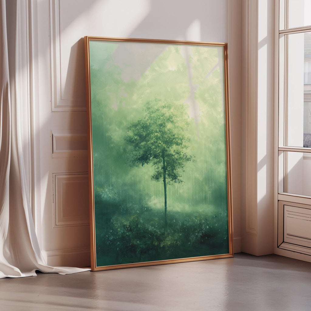 a large, framed painting depicting a lush, green forest scene with a solitary tree in the center.