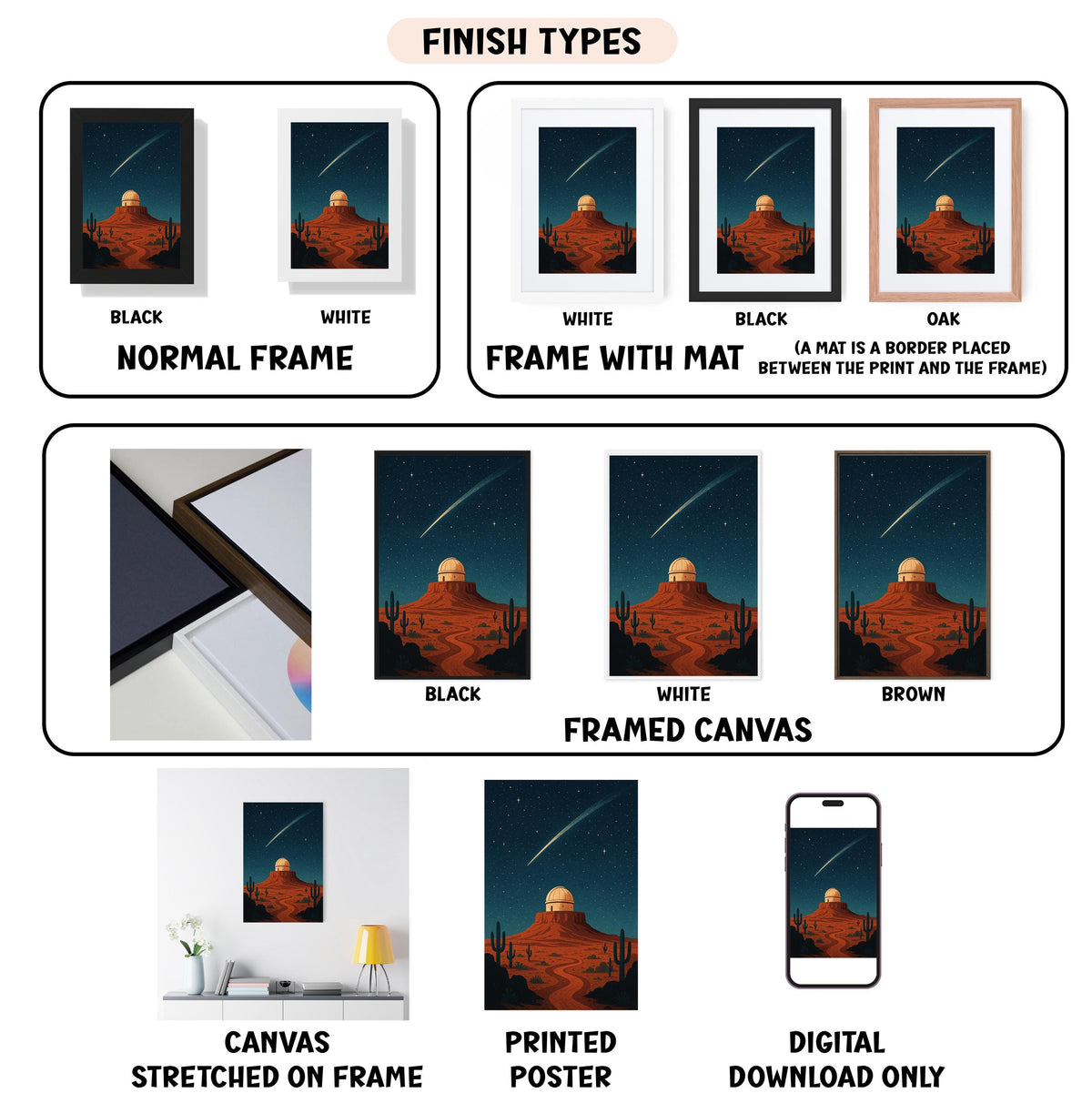 various finish types for a framed artwork, including a normal frame, a frame with a mat, a black frame, a white frame, a black frame, a white frame, a black frame, a white frame, a brown frame, a framed canvas, a stretched canvas, a printed poster, and a digital download only.