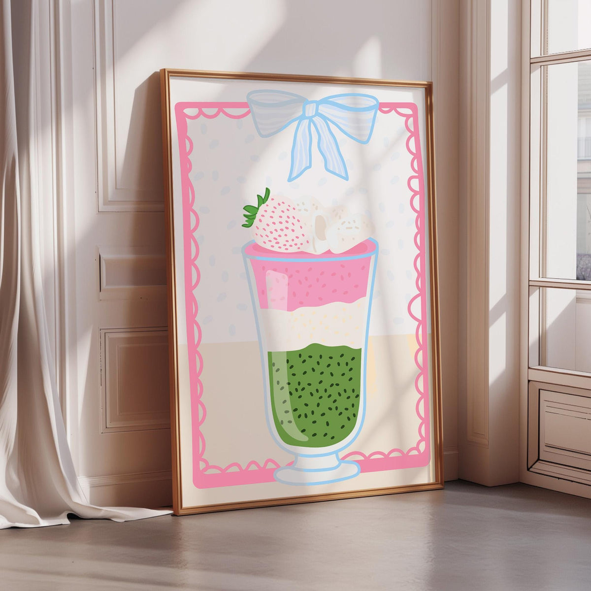 A framed illustration of a colorful layered drink with a strawberry on top, set against a pink and green background.