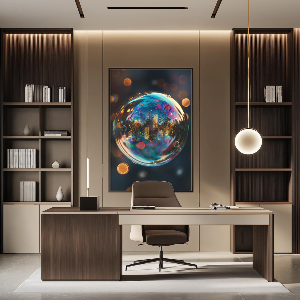 a modern and stylish office space with a large abstract painting of a bubble-like structure on the wall, a wooden desk with a chair, and built-in bookshelves.