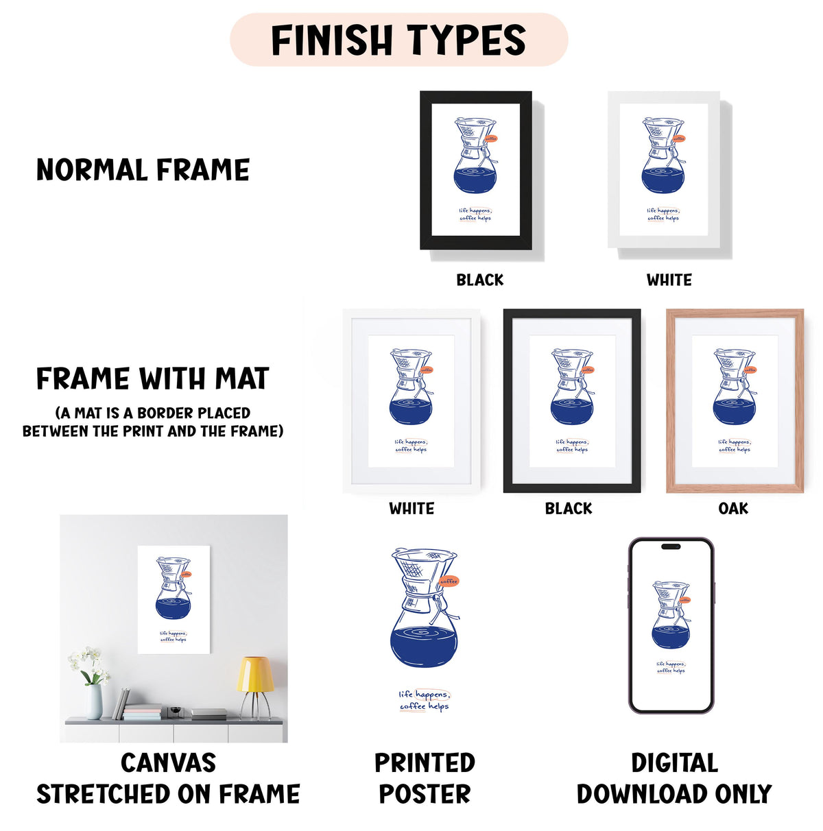 various types of framed artworks, including a normal frame, a black frame, a white frame, a frame with a mat, a white frame, a black frame, an oak frame, a canvas stretched on a frame, a printed poster, and a digital download only.
