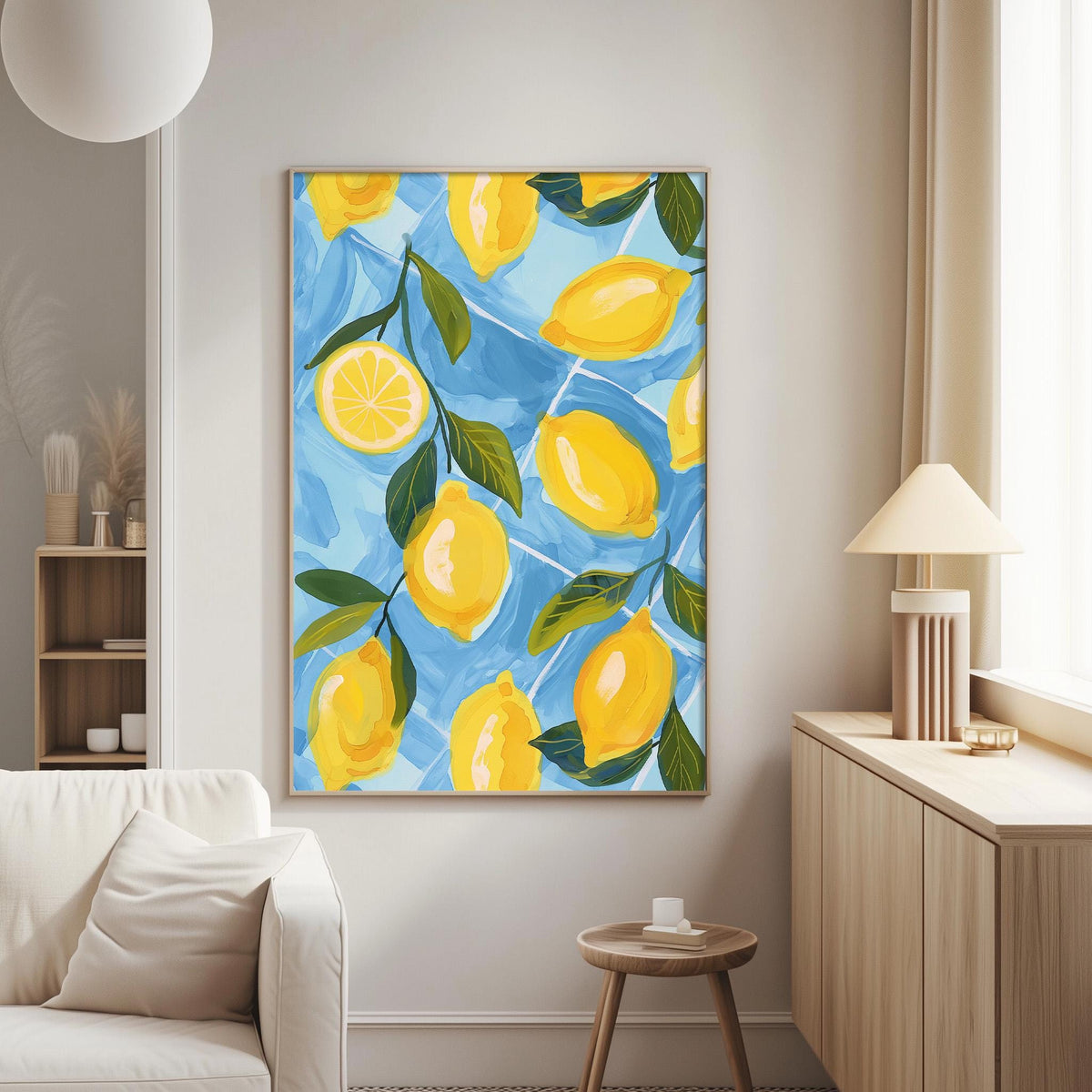 a living room with a large painting of lemons hanging on the wall. The painting is vibrant and colorful, with yellow lemons and green leaves filling the frame. The room has a white sofa and a wooden side table, creating a cozy and inviting atmosphere.