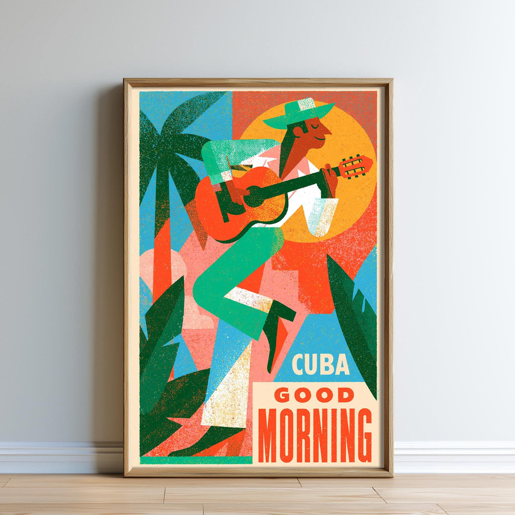 The image is a framed poster featuring a stylized illustration of a man playing a guitar, surrounded by tropical foliage and a sun-like shape.