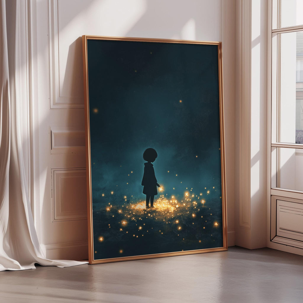 a large framed poster depicting a silhouetted figure standing in a field of twinkling lights, creating a magical and enchanting atmosphere.
