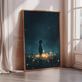 a large framed poster depicting a silhouetted figure standing in a field of twinkling lights, creating a magical and enchanting atmosphere.