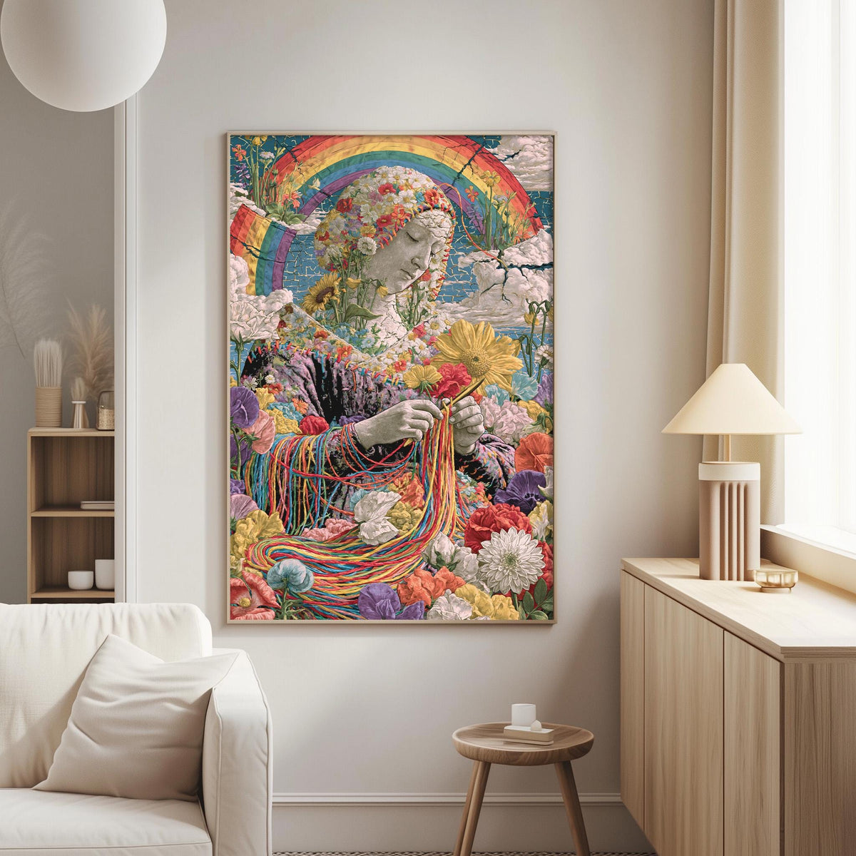 a vibrant, colorful painting of a woman surrounded by a multitude of flowers and plants, creating a whimsical and dreamlike scene.