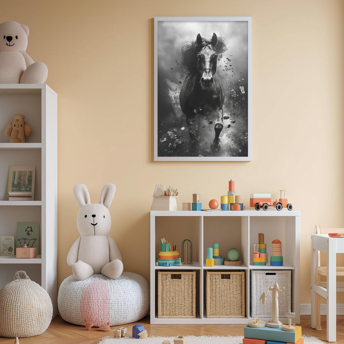 a child's bedroom with a large framed black and white photograph of a horse on the wall, a white bookshelf filled with toys, and a white bean bag chair.
