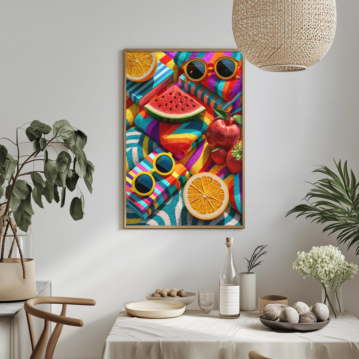 a vibrant and colorful collage of various fruits and sunglasses, including watermelon, oranges, and a pair of sunglasses, displayed on a wall above a dining table.
