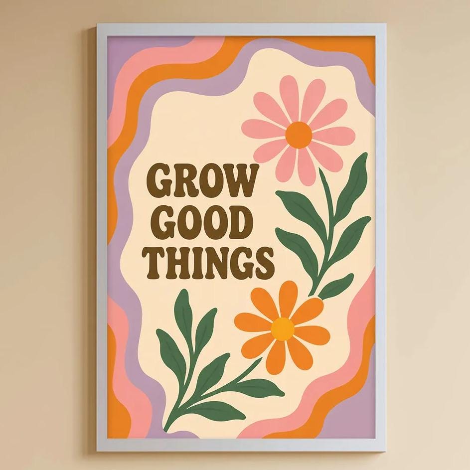 A child's bedroom with a white bookshelf, a stuffed rabbit, and a colorful poster on the wall. The poster has the text "GROW GOOD THINGS" and features a flower design.