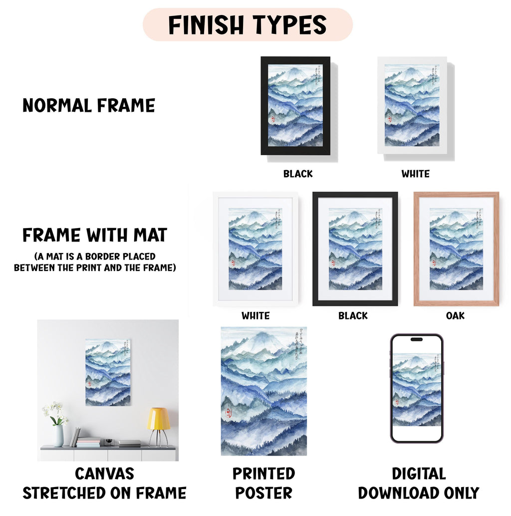 various finish types for artwork, including a normal frame, a frame with a mat, a white frame, a black frame, an oak frame, a white canvas stretched on a frame, a printed poster, and a digital download only.