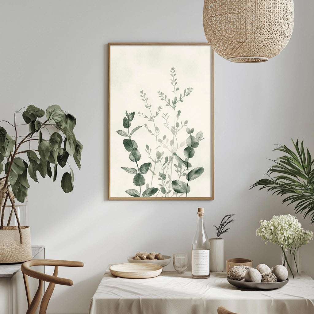 a serene and cozy dining area with a table set for two, featuring a vase of white flowers, a bowl of fruit, and a bottle of wine. A framed print of green leaves hangs on the wall above the table, adding a touch of nature to the space.