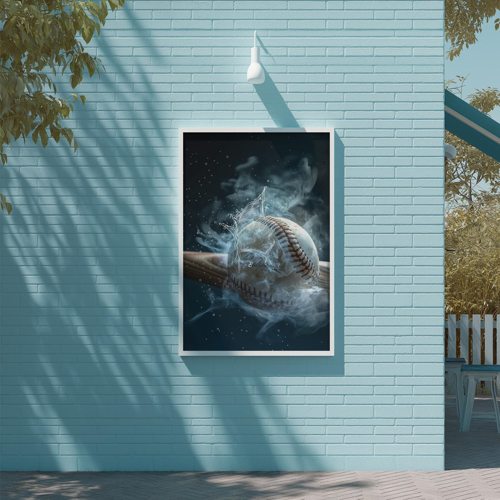 A framed image of a baseball is displayed on a blue wall, with a white light fixture above it.