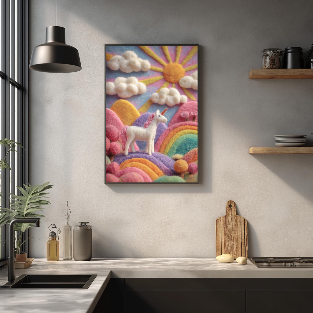 a vibrant, colorful painting of a unicorn standing on a grassy hill, surrounded by a rainbow and clouds, with a sun in the sky. The painting is hung on a wall above a kitchen counter with various kitchen items and decor.