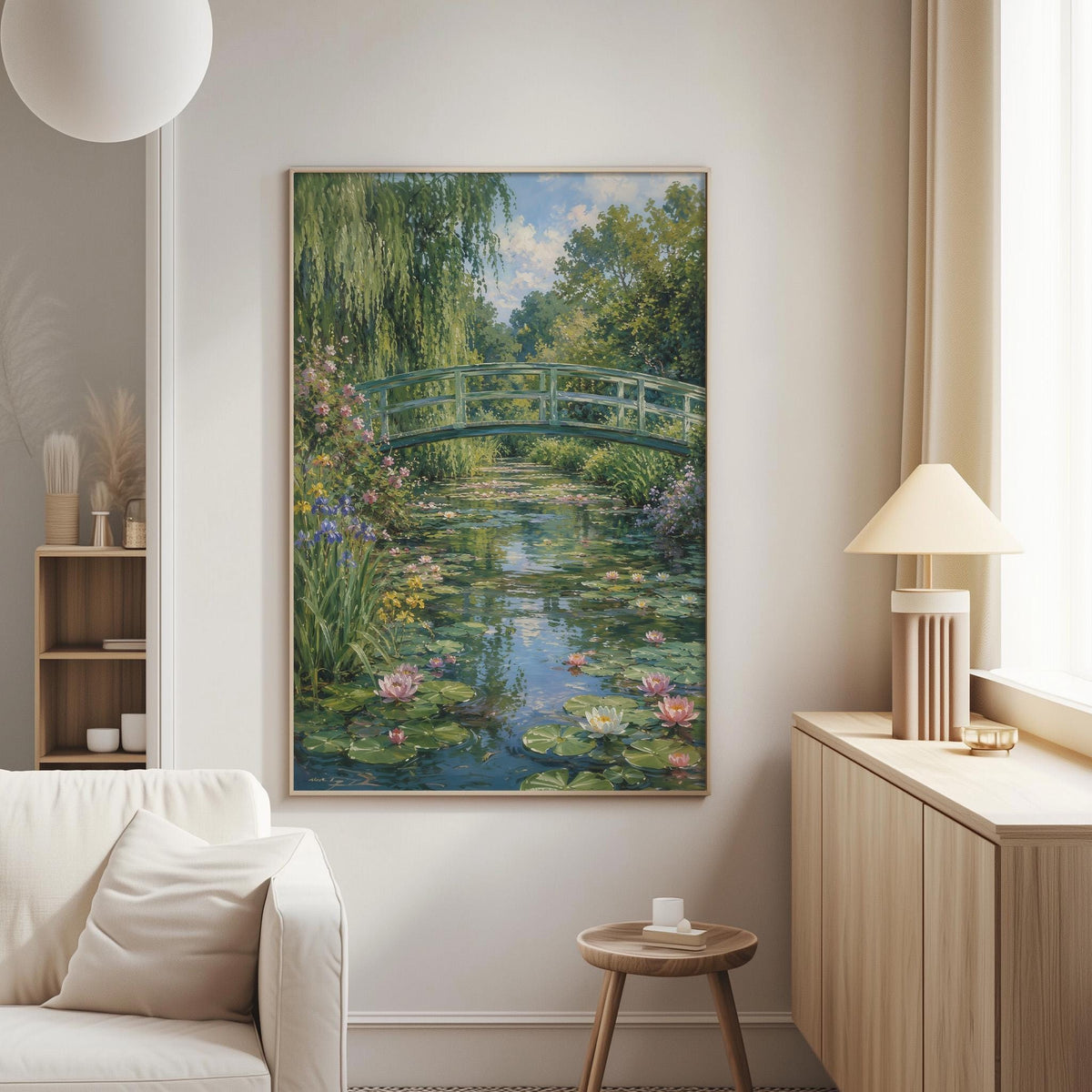 a serene living room with a large painting of a tranquil pond scene featuring a green wooden bridge and water lilies.
