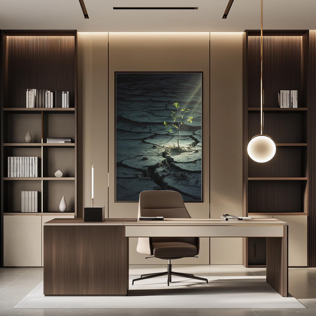 a modern and minimalist office space with a large window, wooden furniture, and a framed artwork on the wall.